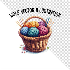 A clipart of knitting needles and yarn with basket. Skein of yarn with knitting needles
