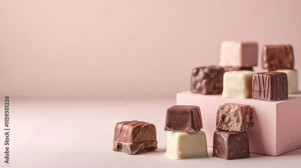 Aufkleber minimal chocolates idea. an array of assorted chocolates on a soft pink background, elegantly presen