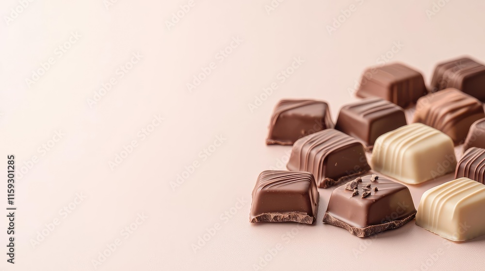 Poster minimal chocolates idea. assorted chocolates arranged on a soft pastel background.
