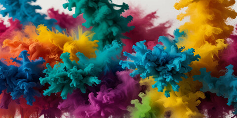 Multicolored rainbow holi explosion of cloud powder holi paint decoration isolated on transparent background. Vector abstract colorful rainbow paint festival background.
