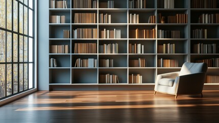 Contemporary minimalist home library with minimal furniture. Featuring a clean, uncluttered layout with modern lines