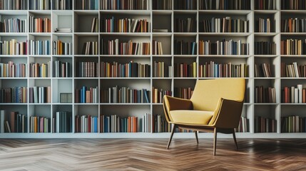 Contemporary minimalist home library with minimal furniture. Featuring a clean, uncluttered layout with modern lines