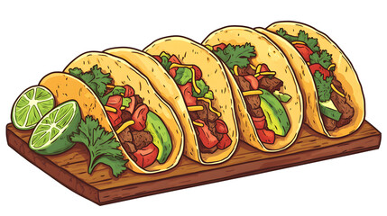 Tasty Tacos Served on Wooden Tray with Lime and Cilantro
