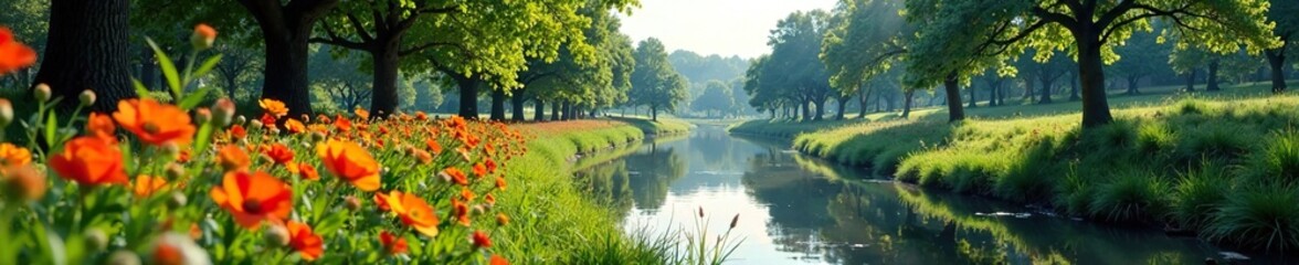 Trees and flowers bloom in the fertile soil alongside a meandering river, trees, nature