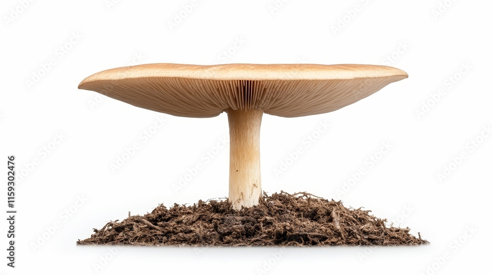 Poster a close-up view of a fresh mushroom on soil showcasing its unique cap shape and delicate gills again