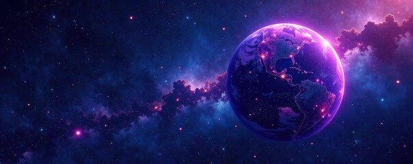 Obraz premium Violet and blue planet amidst dark space background with twinkling stars, starry night, space, cosmic sky