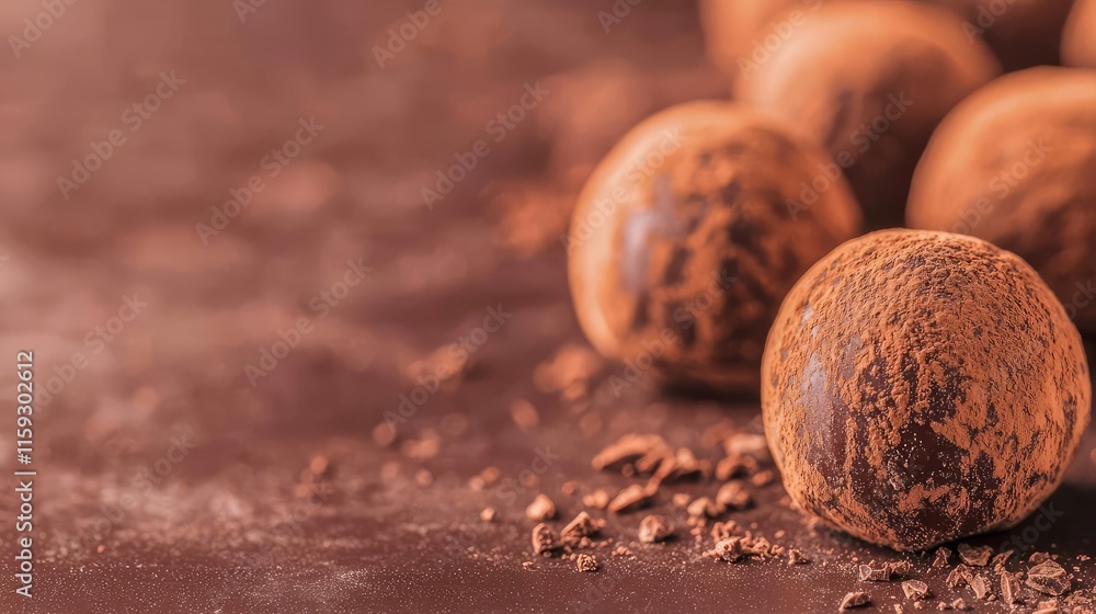 Poster minimal chocolates idea. delicious chocolate truffles dusted with cocoa powder on a rustic surface.