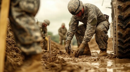 Military personnel conduct excavation work during training exercise in muddy terrain