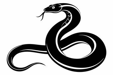 A black snake with a black tail that says snake. Vector snake silhouette isolated on a white background

