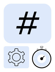 Obraz premium metadata tag symbol gear stopwatch within rounded blue rectangles. Ideal for technology, social media, time management, efficiency, mechanics, engineering, and productivity. Line metaphor