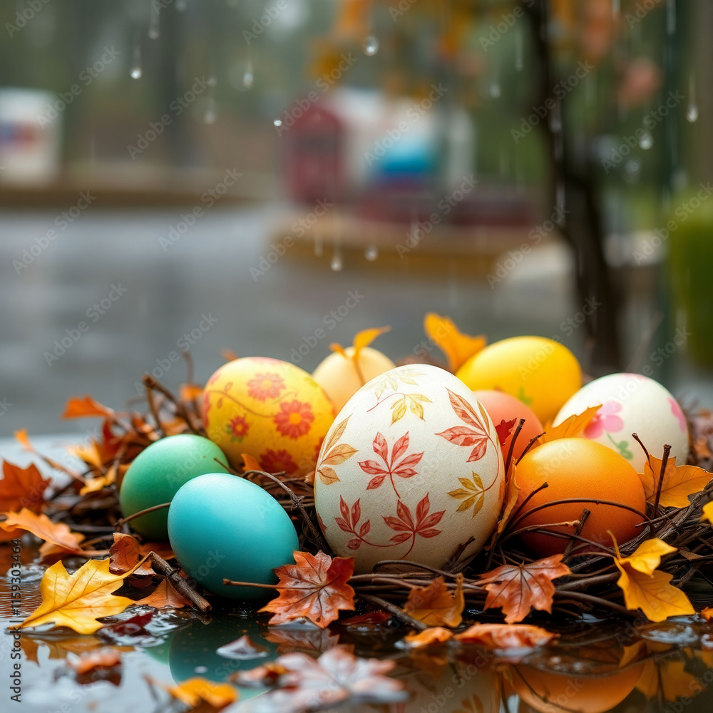 Poster a basket of eggs with leaves and a few other items on top of it. the basket is on a table and the eg