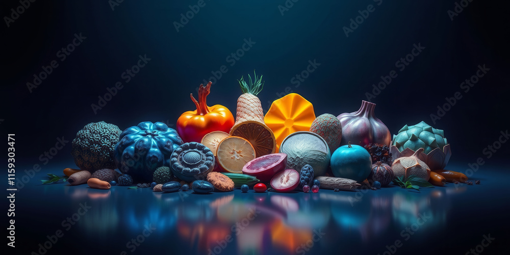 Poster a colorful assortment of fruits and vegetables are displayed on a table. concept of abundance and fr