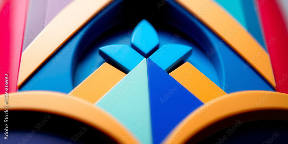 Poster a colorful design with a blue flower in the center. the design is made of blocks and has a playful, 