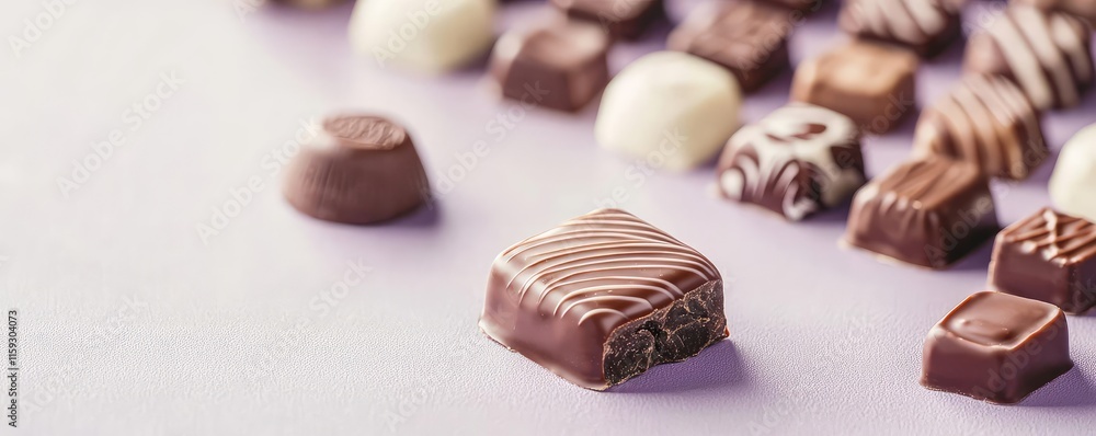 Poster minimal chocolates concept. delicious assorted chocolates arranged on a soft pastel background.