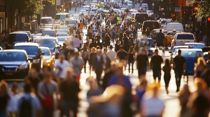 Fototapeta premium Bustling city street alive with pedestrians and traffic during golden hour in an urban environment