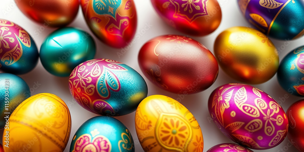 Poster a bunch of colorful eggs with designs on them. the eggs are arranged in a pattern and are of differe