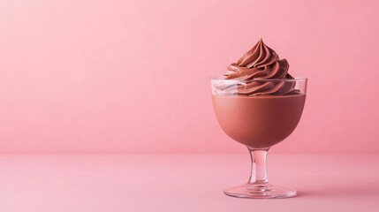 Minimal chocolates idea. Delicious chocolate mousse in a glass against a soft pink background.