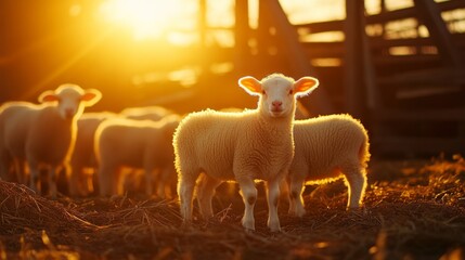 Obraz premium Warm Sunset Over Sheep on a Rustic Farm