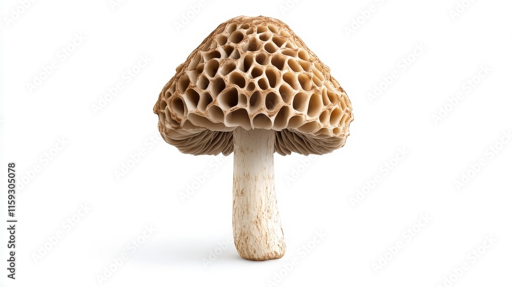 Poster detailed close-up of a honeycomb mushroom with intricate texture and a unique lattice pattern agains