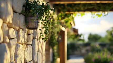 Stone Wall Plant Basket Golden Sunlight Garden