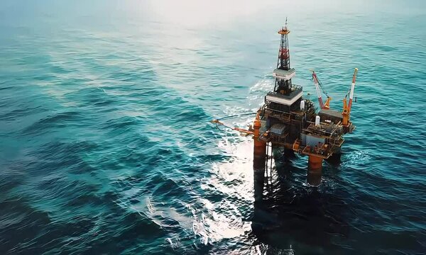 An illustration footage showing an old offshore upstream oil and gas rig platform in the middle of a vast ocean