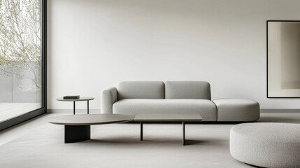 Contemporary minimalist living room design with minimal furnishings. Featuring a clean, spacious layout with modern lines