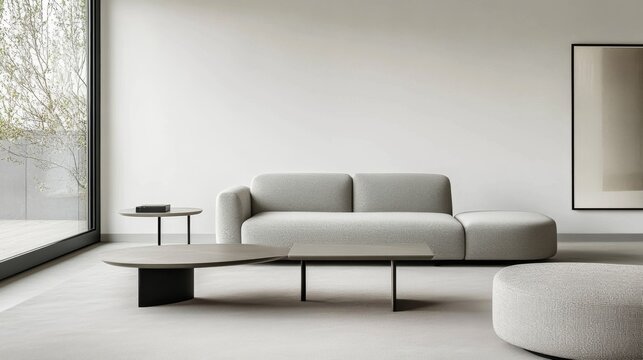 Contemporary minimalist living room design with minimal furnishings. Featuring a clean, spacious layout with modern lines