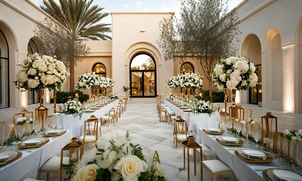Elegant outdoor wedding reception with long tables, white flowers, and gold lanterns in a courtyard.
