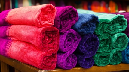Fototapeta premium A stack of colorful rolled towel arranged neatly on a table.
