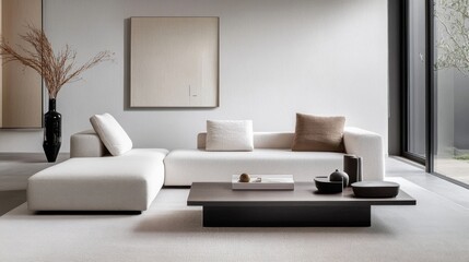 Contemporary minimalist living room design with minimal furniture. Featuring a clean, spacious layout with modern lines