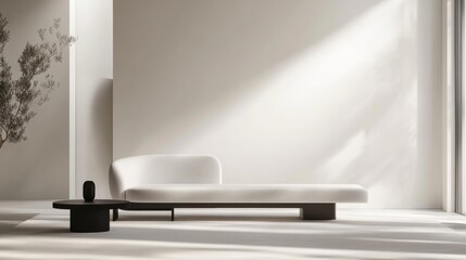 Contemporary minimalist living room design with sparse furniture. Featuring a clean, open layout with sleek lines