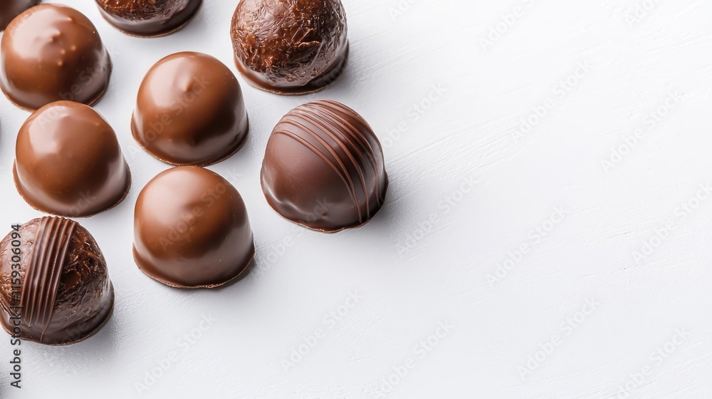Poster minimal chocolates concept. assorted chocolate truffles arranged on a white background for a delicio