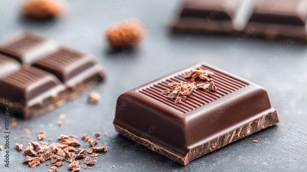 Poster minimal chocolates concept. delicious dark chocolate bar with fine details and cocoa shavings on a d