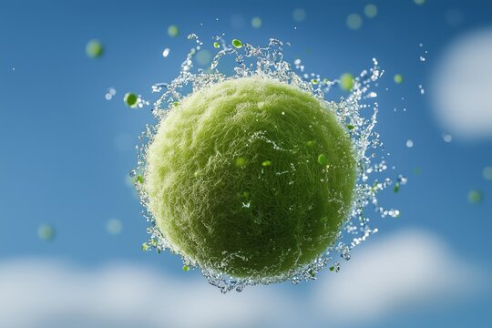 Exploring the Unreal: A Tennis Ball Styled as Earth Dances in the Sky While Water Splashes Around