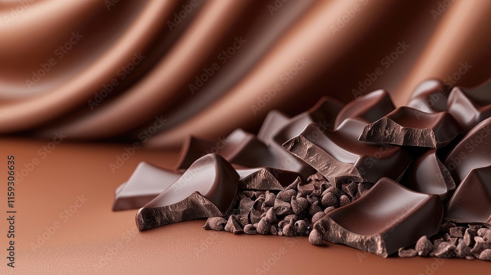 Poster minimal chocolates idea. rich, dark chocolate chunks and cocoa pieces on a smooth brown surface.