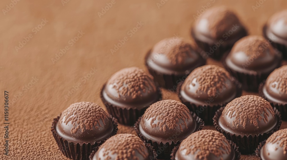 Poster minimal chocolates idea. delicious chocolate truffles arranged neatly on a textured surface.