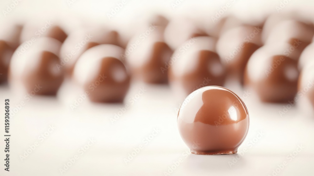 Poster minimal chocolates concept. a close-up of shiny chocolate spheres on a soft blurred background.