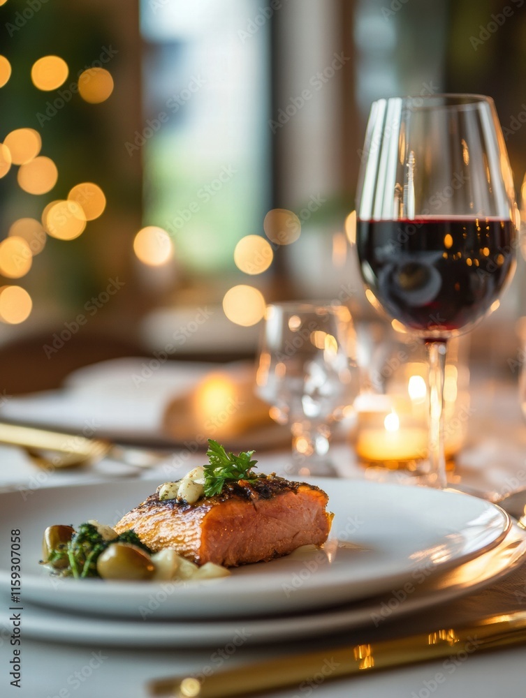Poster luxurious dining experience featuring gourmet dish of salmon paired with fine wine in an elegant set