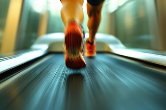 Runner in motion on treadmill focusing on cardio workout in gym during early morning hours