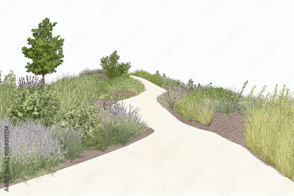 Poster a path is shown in a drawing of a field with a tree in the foreground