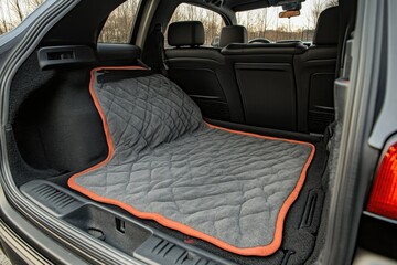 Comfortable sleeping setup in the back of a vehicle ready for camping in nature