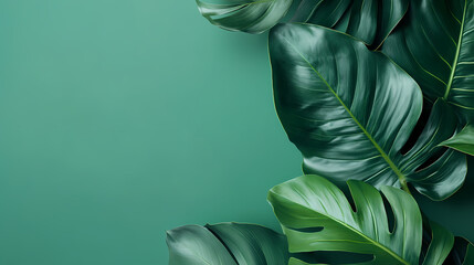 Tropical Green Leaves on Teal Background: A lush arrangement of monstera leaves creates a vibrant, tropical backdrop on a calming teal background.