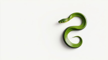 Naklejka premium Vibrant Green Snake Curled on White Background, Showcasing Scales and Smooth Curves, Symbolizing Nature's Beauty and Wildlife in a Minimalist Style