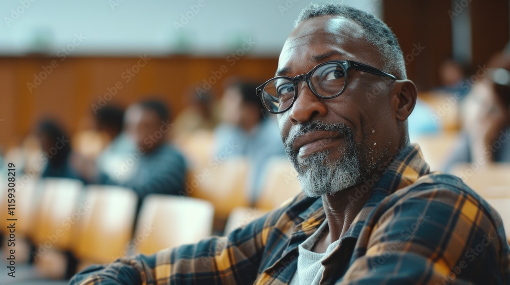 Poster man with glasses and a beard is sitting in a classroom. he is smiling and looking at the camera