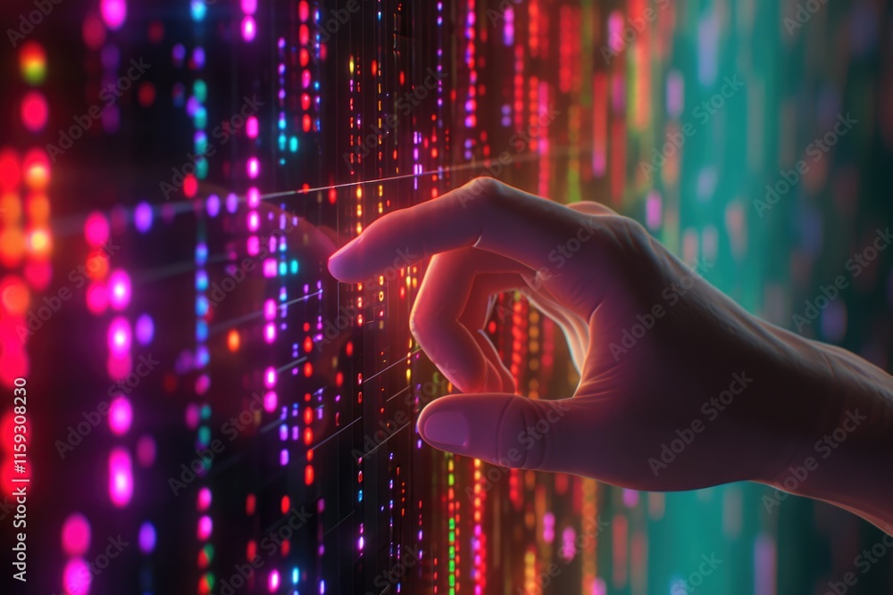 Poster hand touching a vibrant digital display with colorful light glowing. modern technology and science c