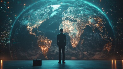 Businessman Looking at Futuristic Earth with Twinkling City Lights