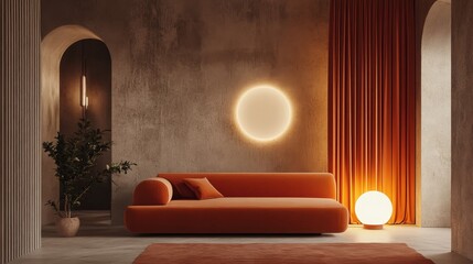 A modern living room featuring an orange sofa, ambient lighting, and warm textures.