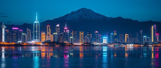Cyberpunk Cityscape at Night with Snow-Capped Mountains
