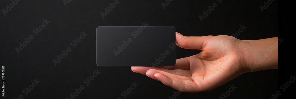 Poster hand holding a sleek black gift card with mock up space for text against a plain black background. g