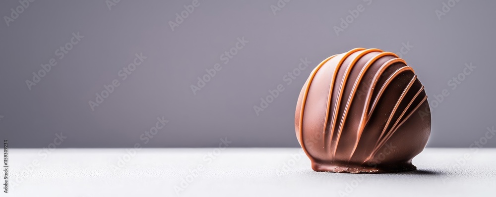 Poster minimal chocolates concept. delicious chocolate ball with a glossy finish on a simple gray backgroun